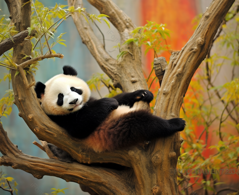 憨态可掬的大熊猫躺在树杈上休息,高清,摄影图,摄影图片,图片大全,摄影图免费下载